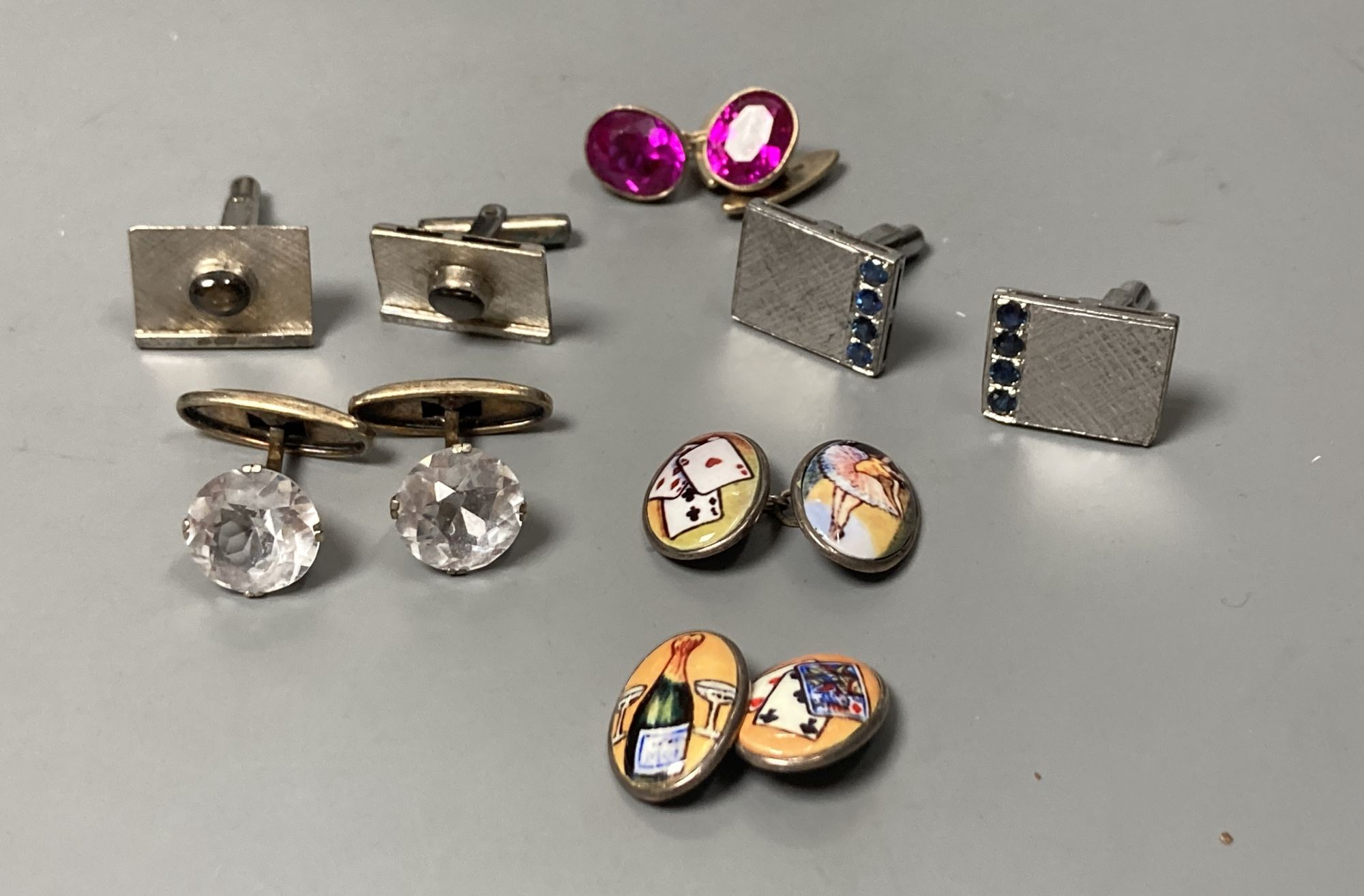 Five assorted pairs of white metal cufflinks